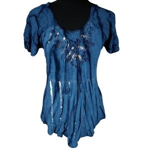 Vintage Blue Lace Up Neck Flowy Eyelet Top